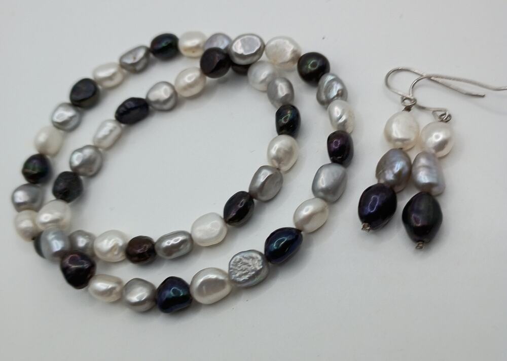 Freshwater Pearl Bracelet & Earring Set – White, Silver Gray & Peacock
